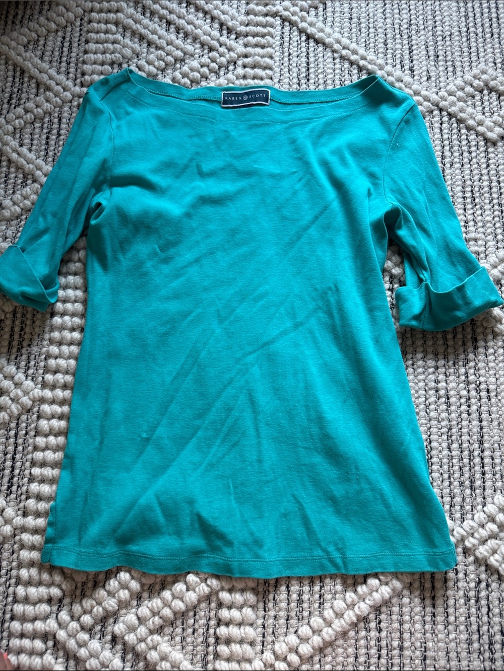Karen Scott Teal Three-Quarter Sleeve Boatneck Top